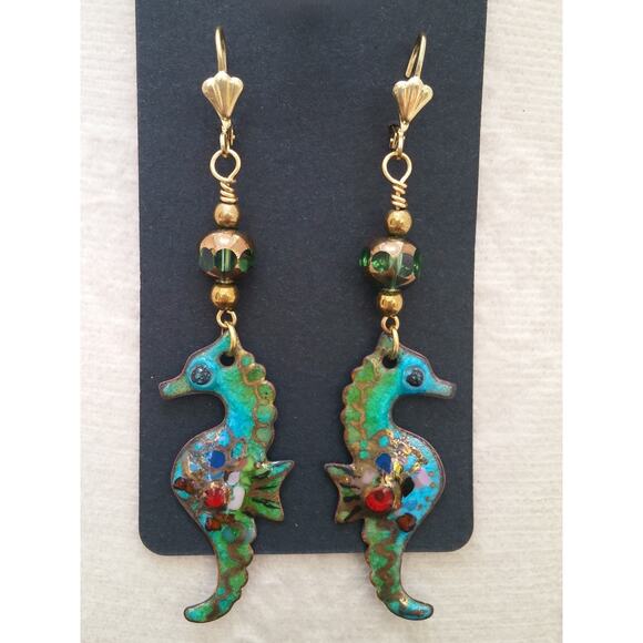 Artisan Colorful Enamel Seahorse Earrings Whimsical Creature Statement Beaded - Picture 1 of 9